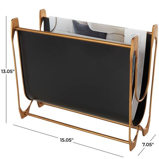 15" Black Metal Curved Magazine Holder with Brass Stand
